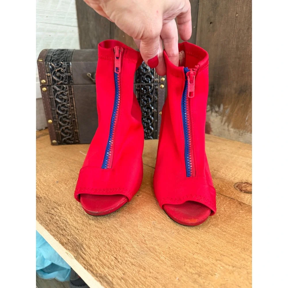 DBDK Fashion Red Stretch Peep Toe Stiletto Ankle Booties Y2K Club Heels Size 6.5